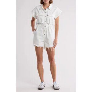 BLANKNYC Denim Raw Hem Romper in Wash Club Soda Size Small